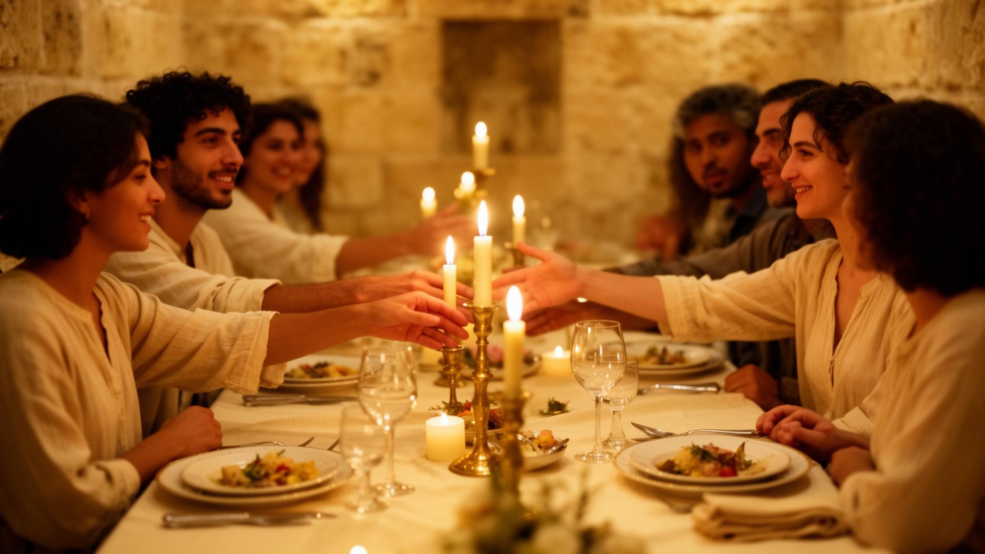 Shabbat dinner table in Jerusalem with diverse guests