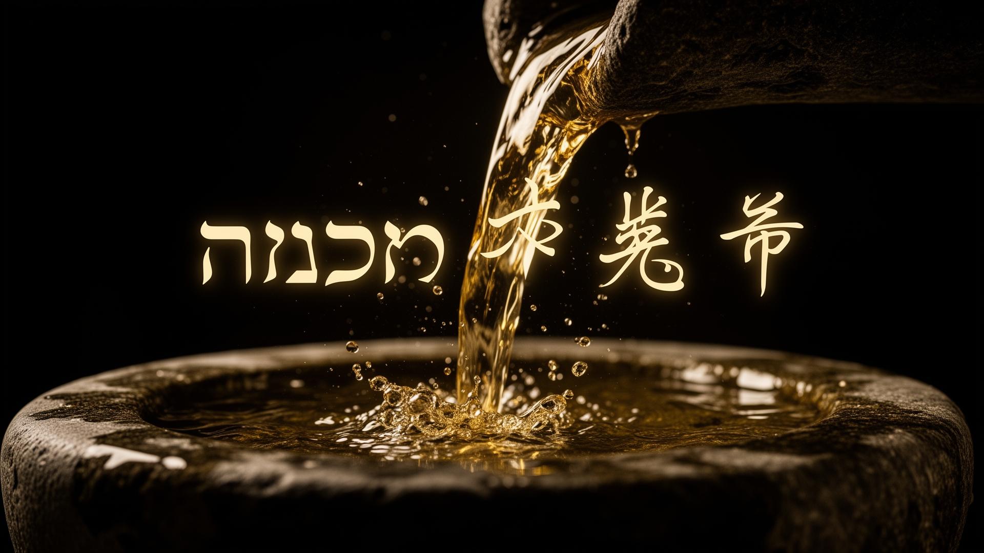 Golden water flowing into a stone basin, forming Hebrew and Chinese letters